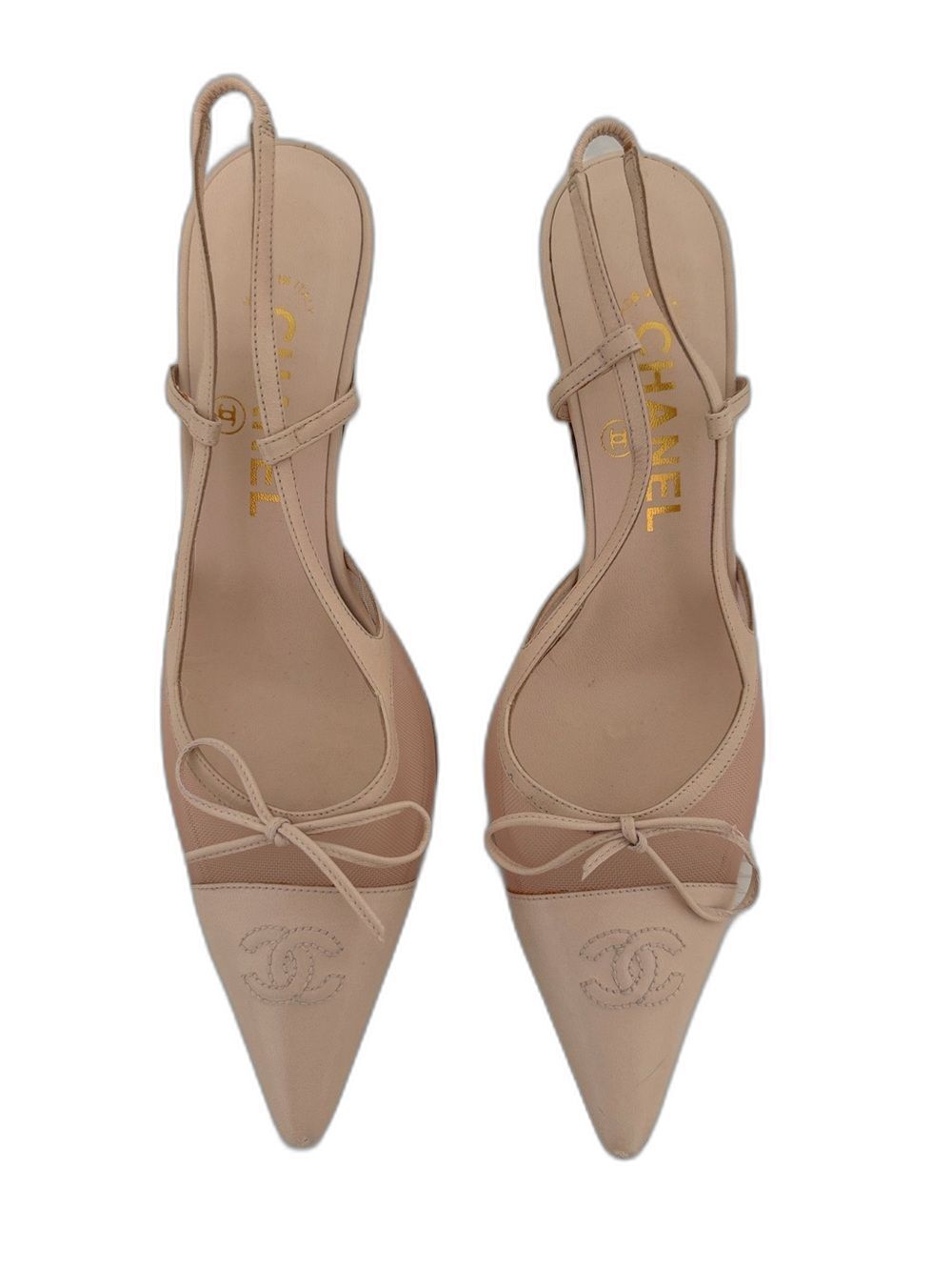 Chanel Iconic "CC" Light Pink Toe Cap Bow Mesh Slingback Heels Italy Size EU 38